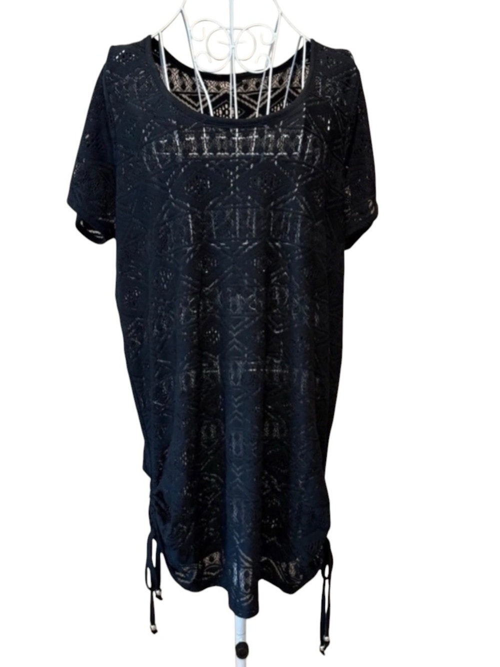 a.n.a Black Lace Cover Up Dress Tunic Ruched Drawstring XL